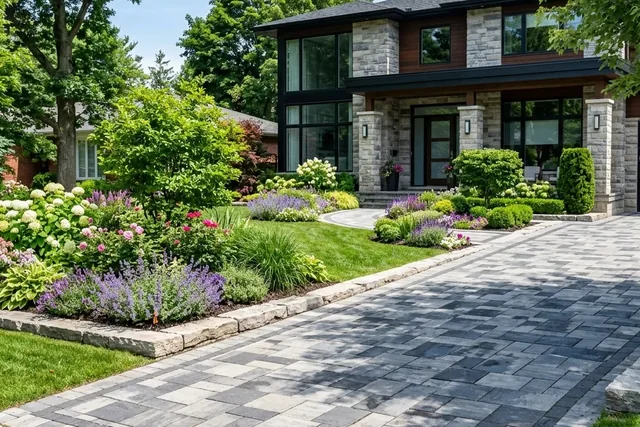 A stone walkway with a river-rock border along a fence.